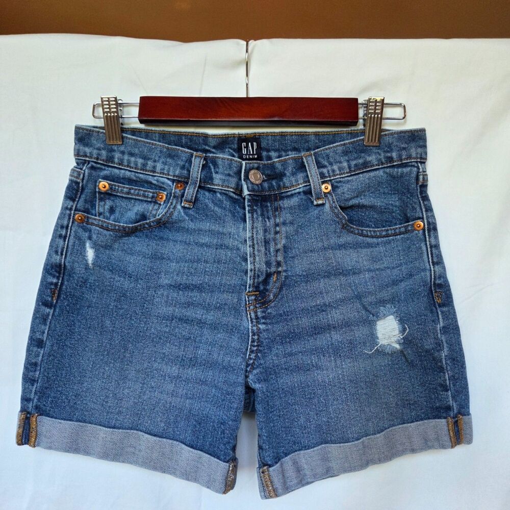 GAP Distressed High-Rise Rolled Cuff Medium Wash Denim Shorts - Size 28